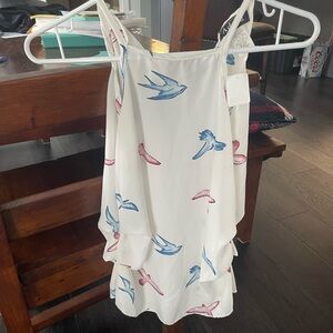 White Tank Top with Bird Print